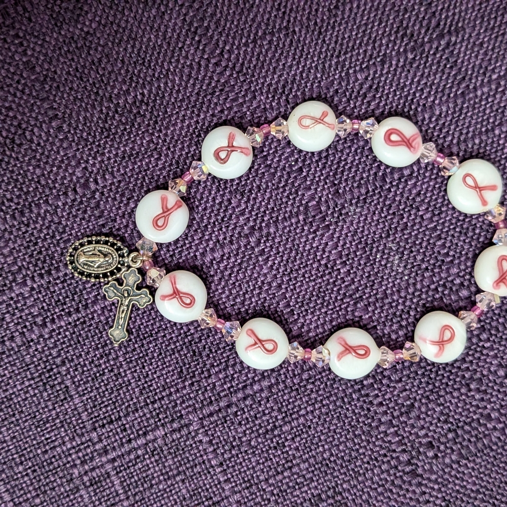 Cancer Awareness Bracelet With Cross And Virgin Mary